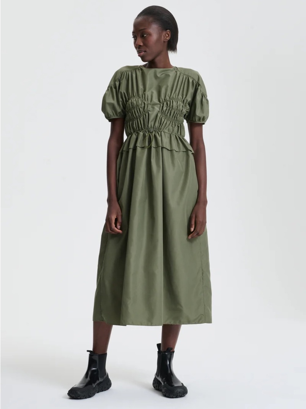 Cecilie Bahnsen Olive Green Smocked Midi Dress